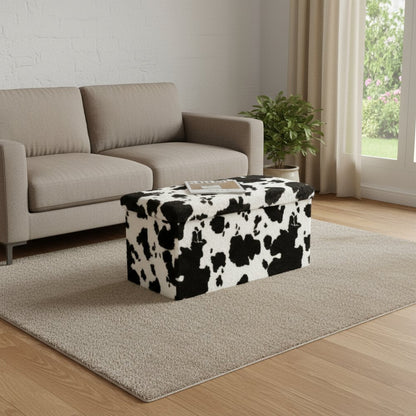 30" Black and White Faux Fur Cow Print Storage Ottoman
