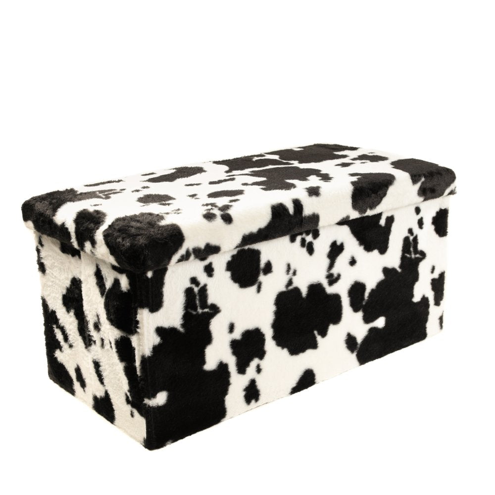 30" Black and White Faux Fur Cow Print Storage Ottoman