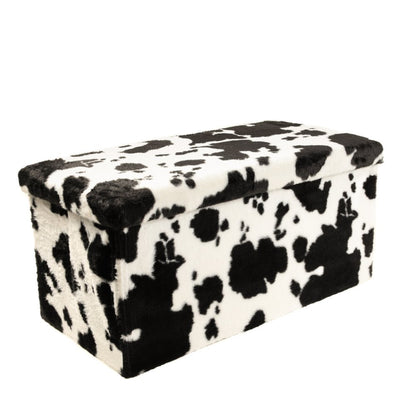 30" Black and White Faux Fur Cow Print Storage Ottoman