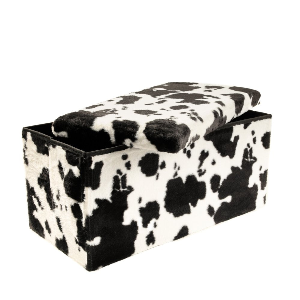 30" Black and White Faux Fur Cow Print Storage Ottoman