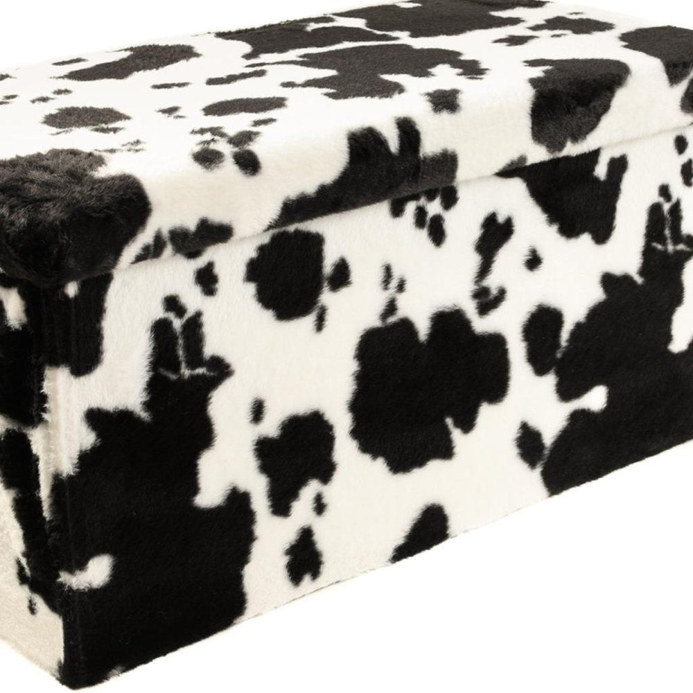 30" Black and White Faux Fur Cow Print Storage Ottoman