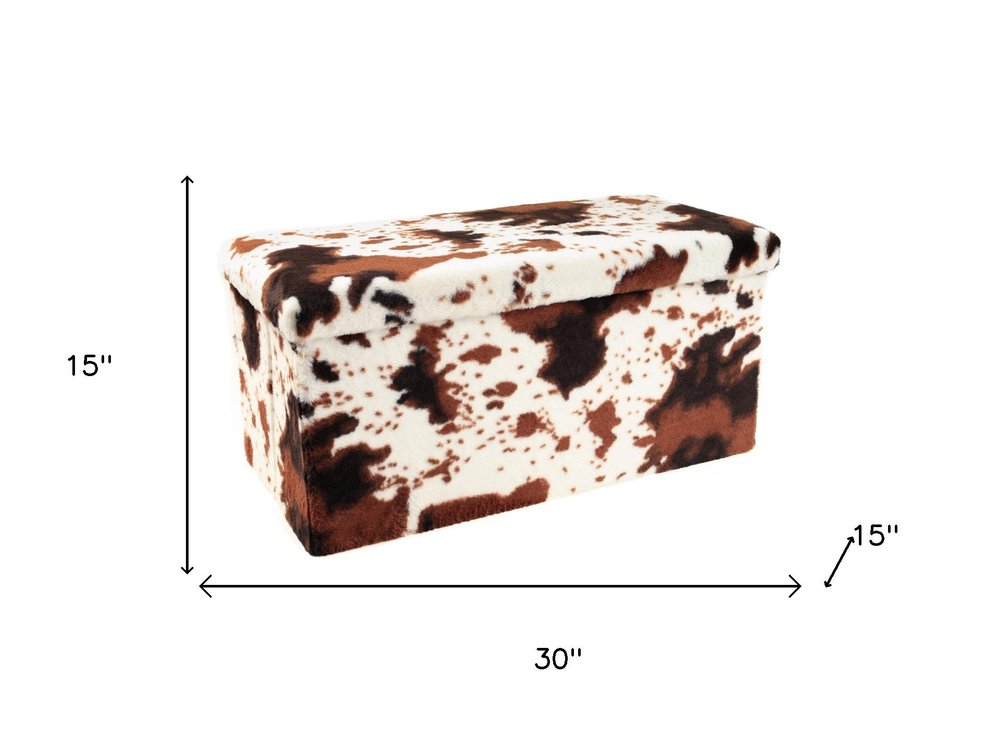 30" White and Brown Faux Fur Cow Print Storage Ottoman