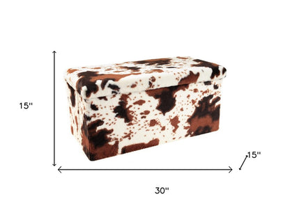 30" White and Brown Faux Fur Cow Print Storage Ottoman