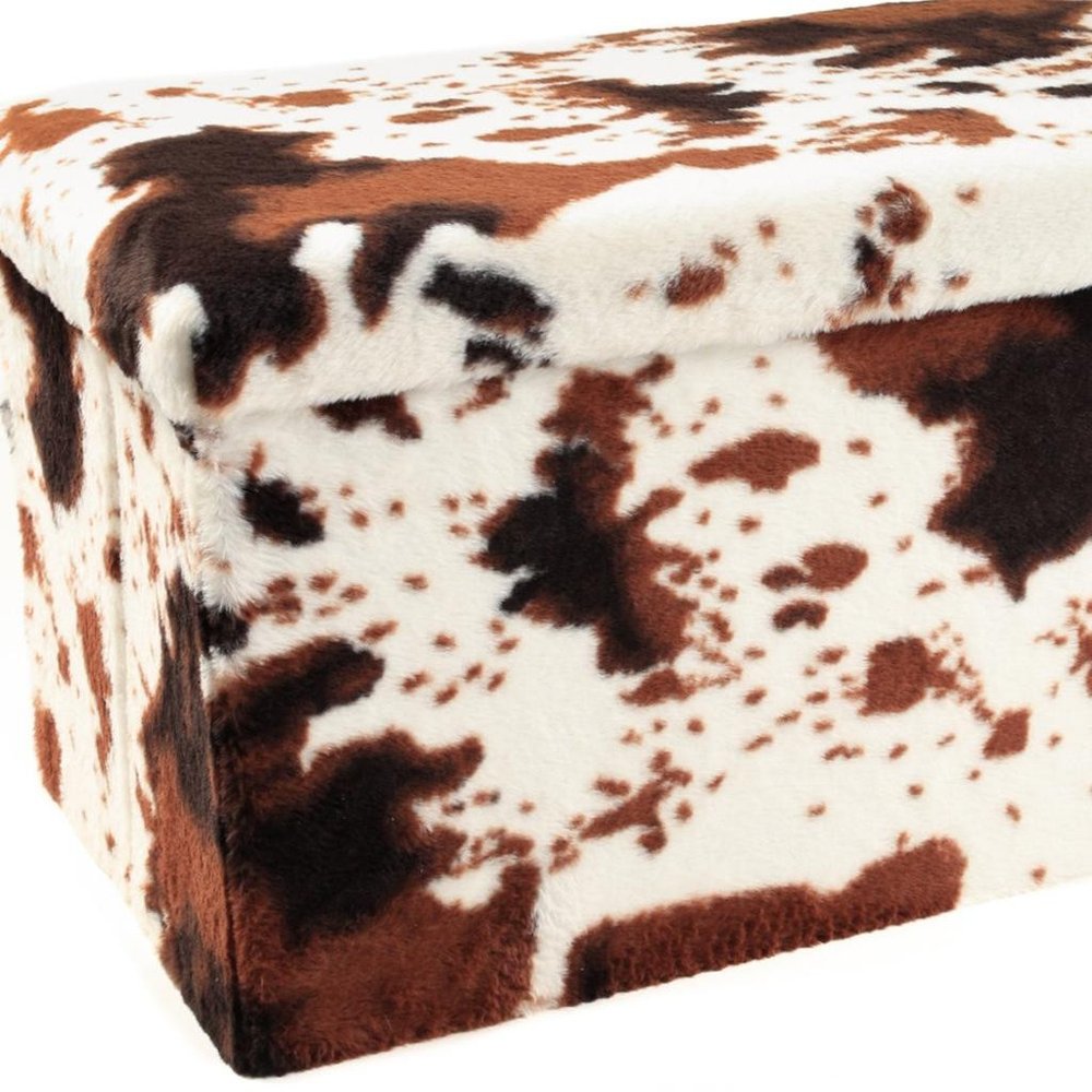 30" White and Brown Faux Fur Cow Print Storage Ottoman