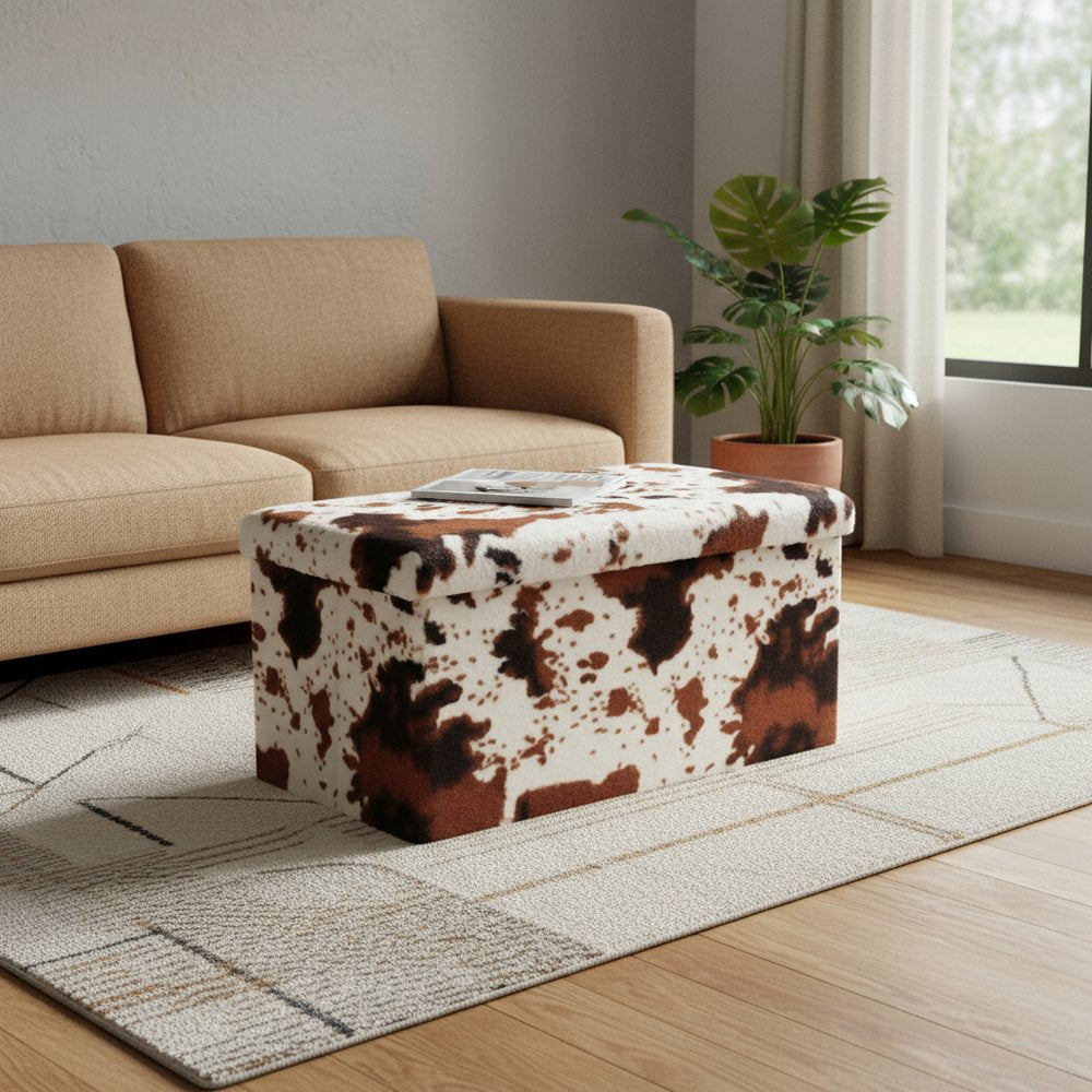 30" White and Brown Faux Fur Cow Print Storage Ottoman