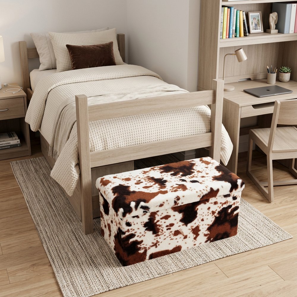 30" White and Brown Faux Fur Cow Print Storage Ottoman
