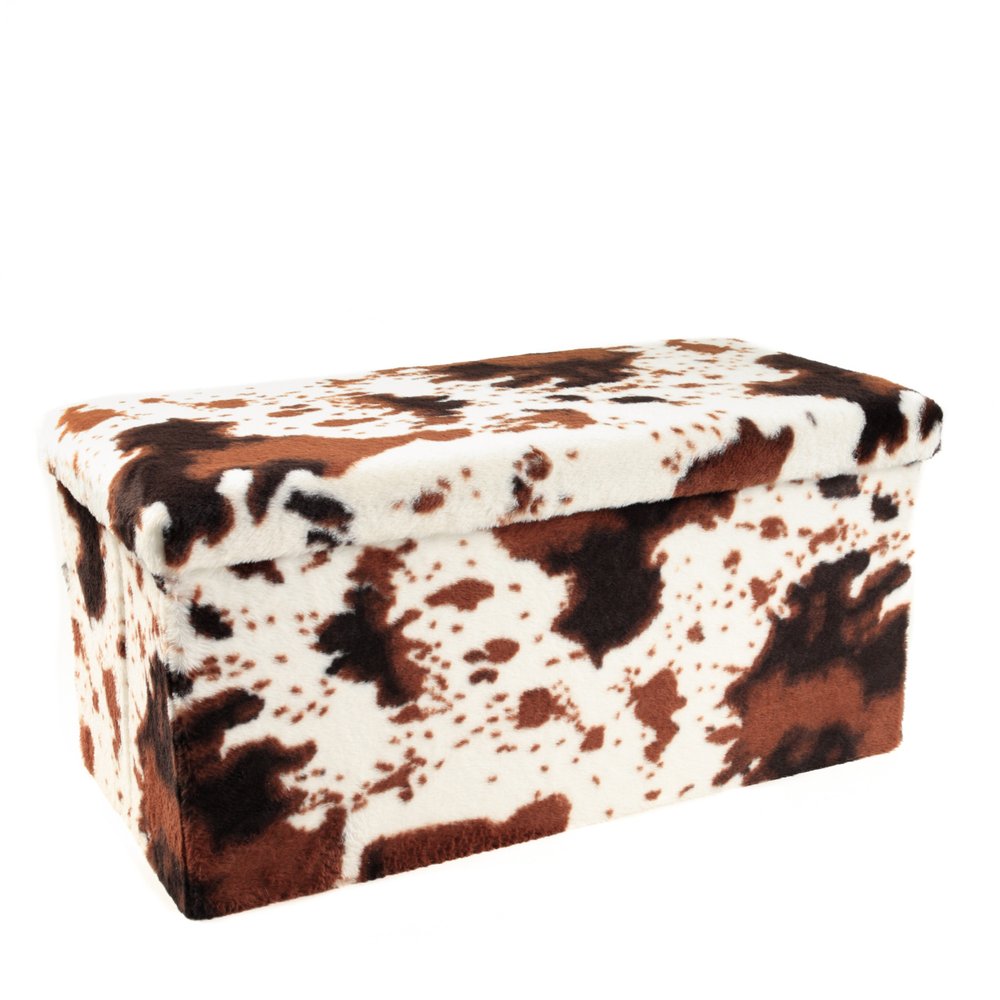 30" White and Brown Faux Fur Cow Print Storage Ottoman