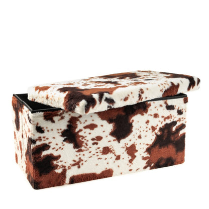 30" White and Brown Faux Fur Cow Print Storage Ottoman