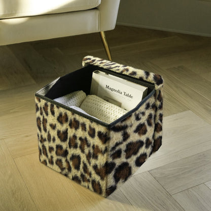 12" Black and Tan Faux Fur Leopard Storage Ottoman