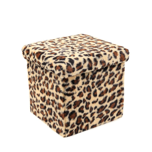 12" Black and Tan Faux Fur Leopard Storage Ottoman