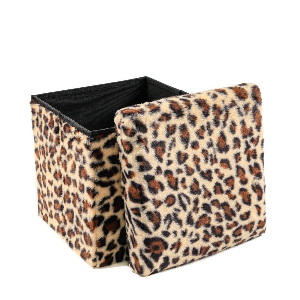 12" Black and Tan Faux Fur Leopard Storage Ottoman