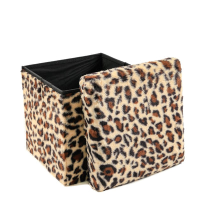 12" Black and Tan Faux Fur Leopard Storage Ottoman