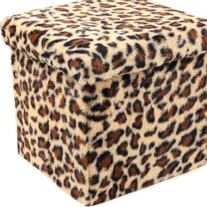 12" Black and Tan Faux Fur Leopard Storage Ottoman