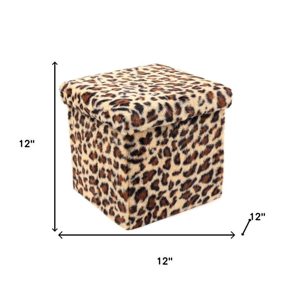 12" Black and Tan Faux Fur Leopard Storage Ottoman
