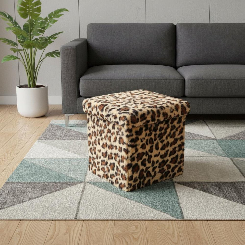 12" Black and Tan Faux Fur Leopard Storage Ottoman