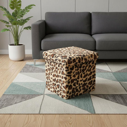12" Black and Tan Faux Fur Leopard Storage Ottoman
