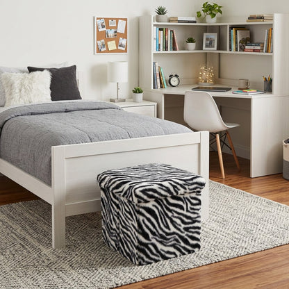12" Black and White Faux Fur Zebra Storage Ottoman