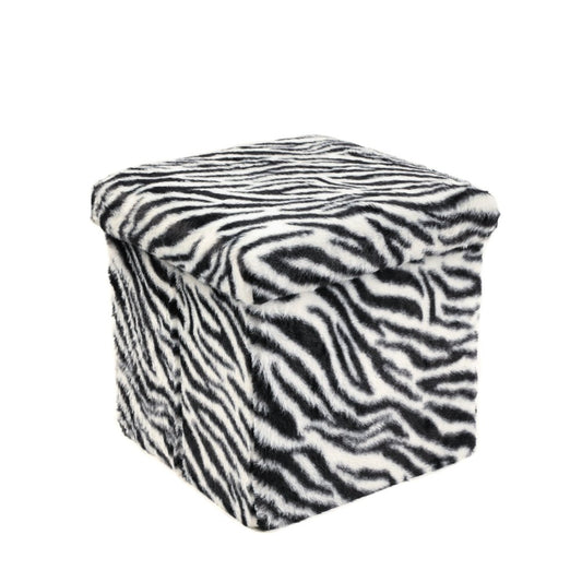 12" Black and White Faux Fur Zebra Storage Ottoman
