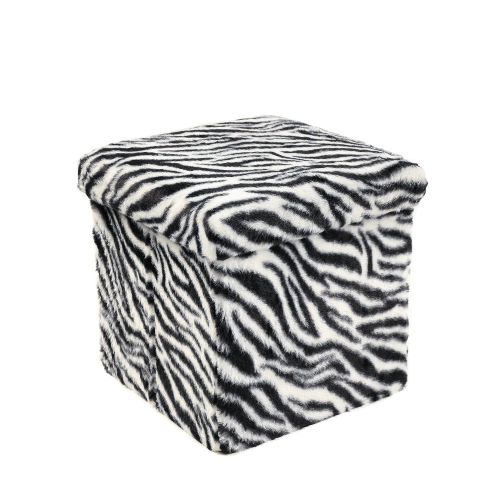 12" Black and White Faux Fur Zebra Storage Ottoman