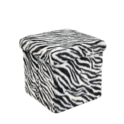 12" Black and White Faux Fur Zebra Storage Ottoman