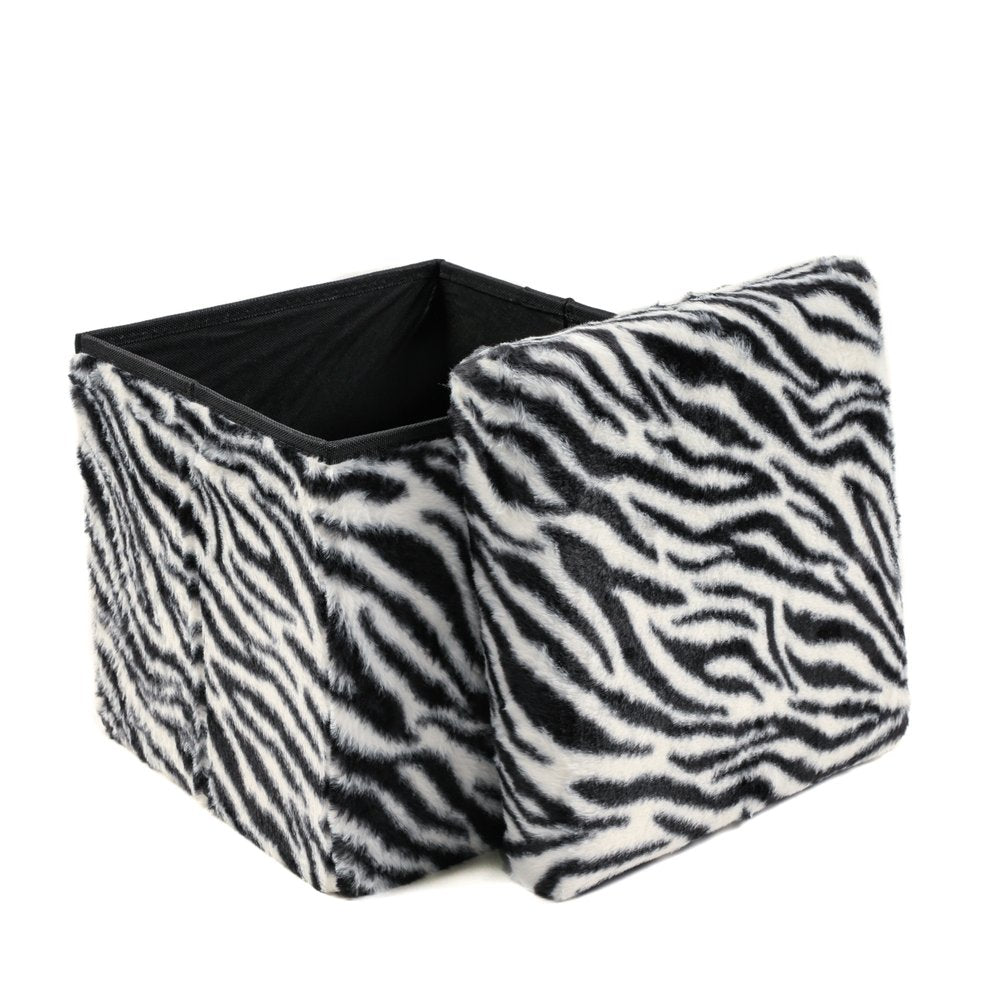 12" Black and White Faux Fur Zebra Storage Ottoman