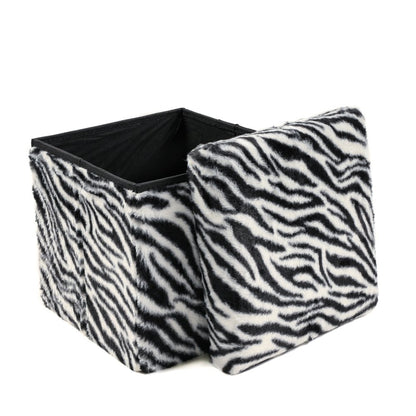 12" Black and White Faux Fur Zebra Storage Ottoman