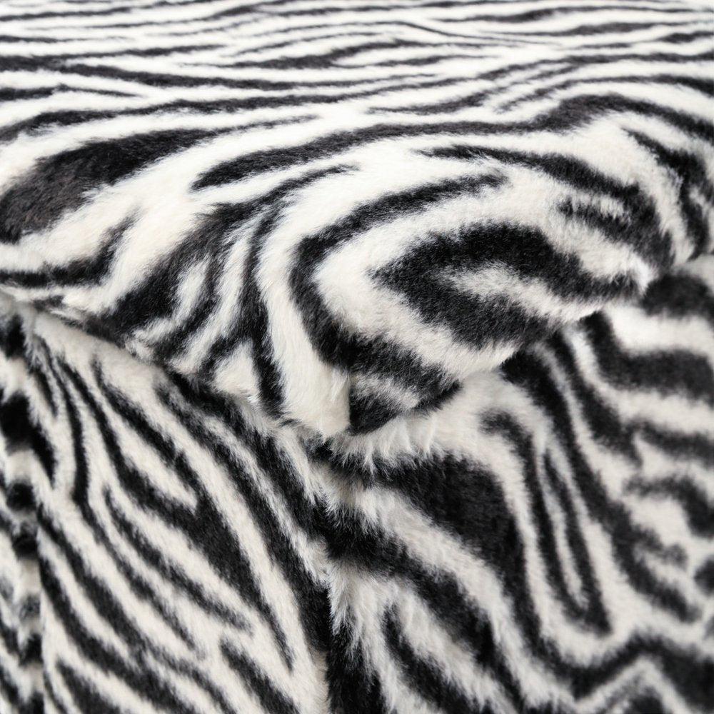 12" Black and White Faux Fur Zebra Storage Ottoman