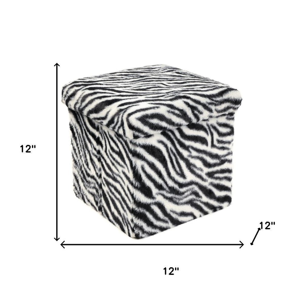 12" Black and White Faux Fur Zebra Storage Ottoman