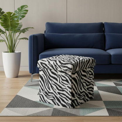 12" Black and White Faux Fur Zebra Storage Ottoman