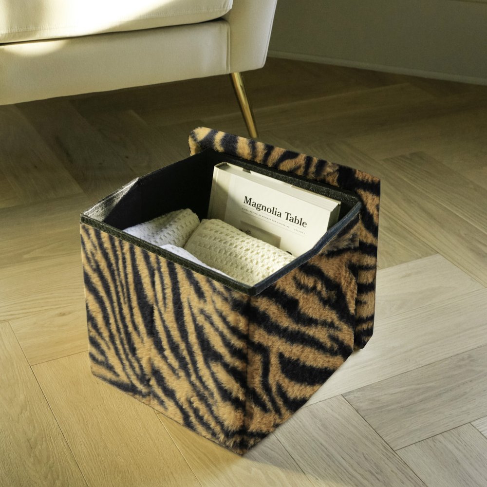 12" Black and Tan Faux Fur Tiger Storage Ottoman