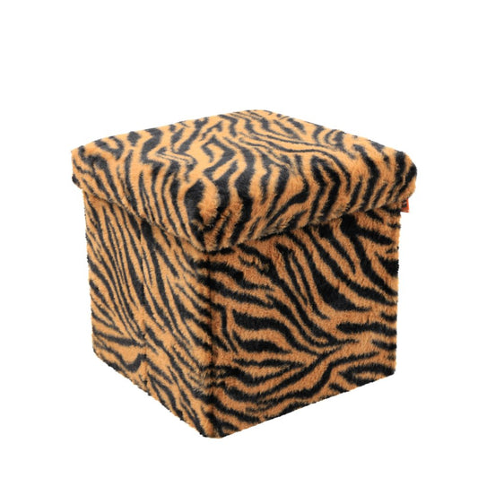 12" Black and Tan Faux Fur Tiger Storage Ottoman