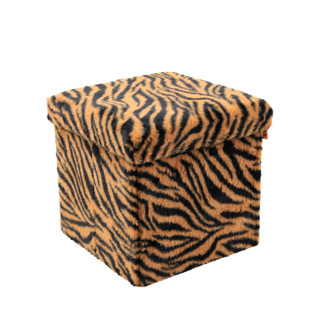 12" Black and Tan Faux Fur Tiger Storage Ottoman