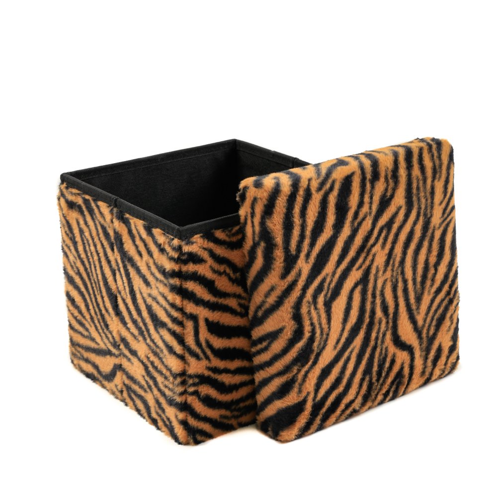 12" Black and Tan Faux Fur Tiger Storage Ottoman