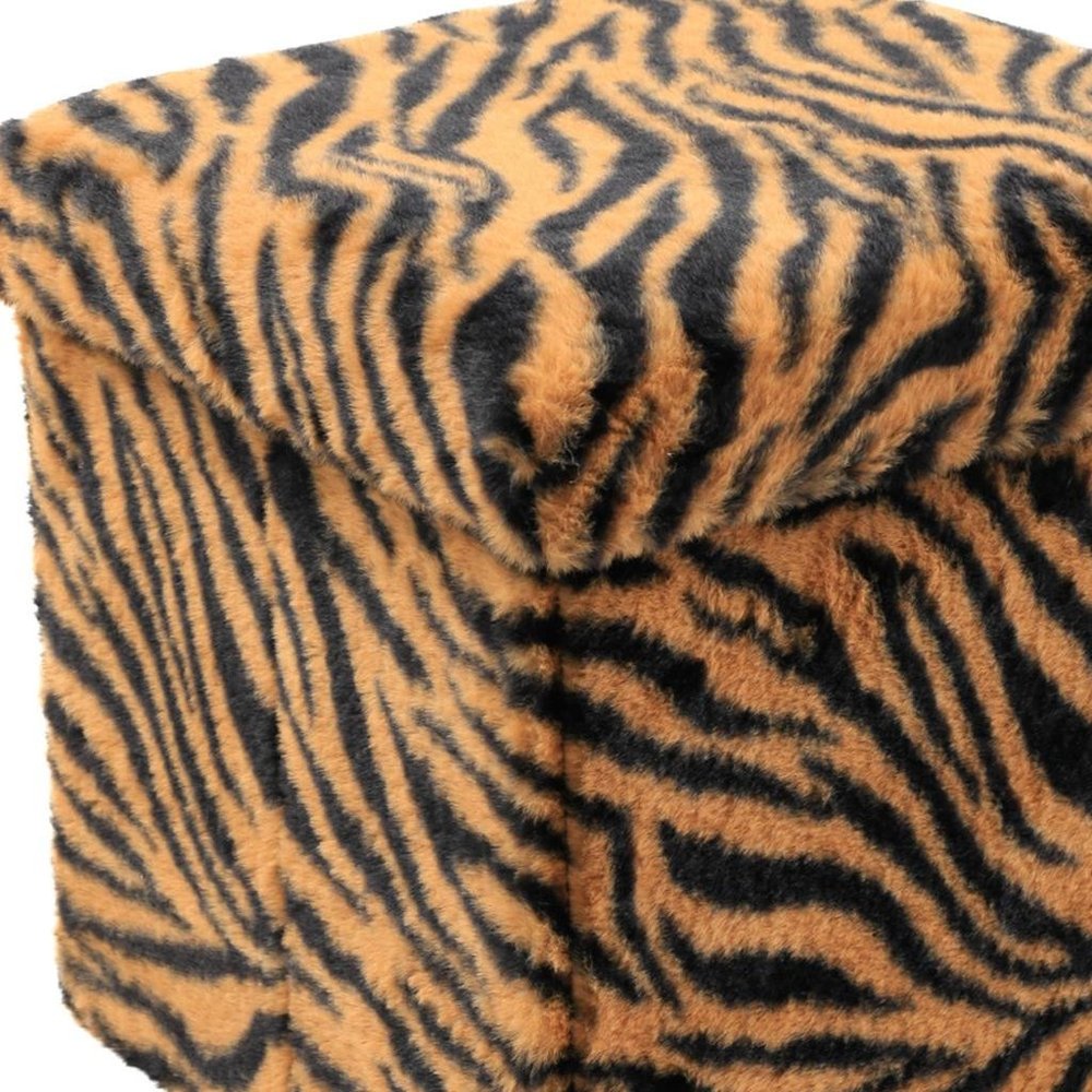 12" Black and Tan Faux Fur Tiger Storage Ottoman