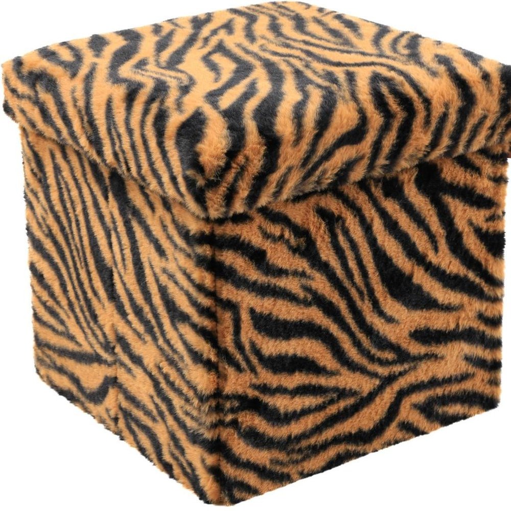 12" Black and Tan Faux Fur Tiger Storage Ottoman