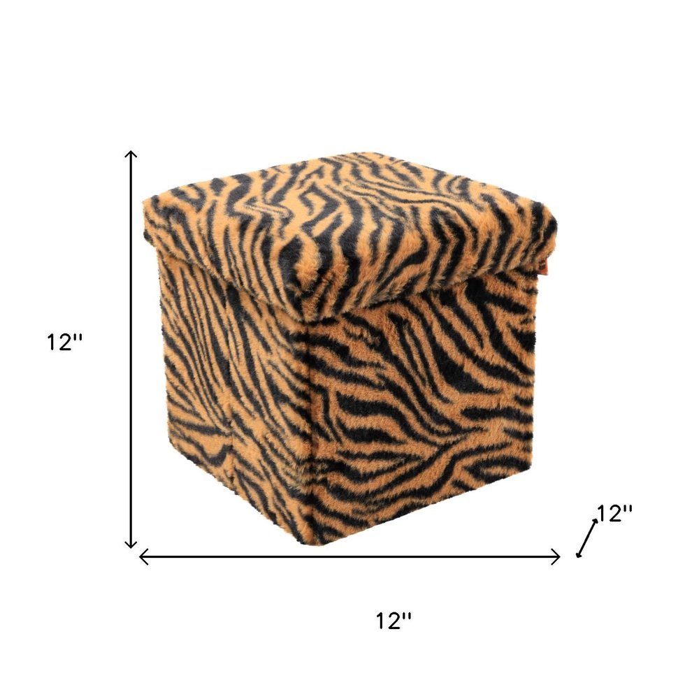 12" Black and Tan Faux Fur Tiger Storage Ottoman