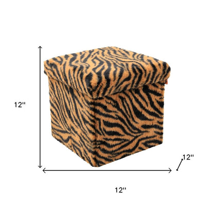 12" Black and Tan Faux Fur Tiger Storage Ottoman
