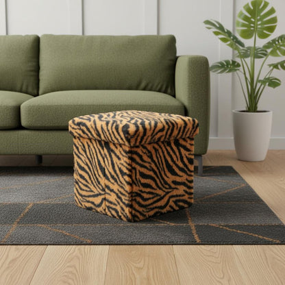 12" Black and Tan Faux Fur Tiger Storage Ottoman