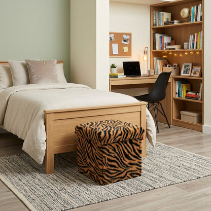 12" Black and Tan Faux Fur Tiger Storage Ottoman