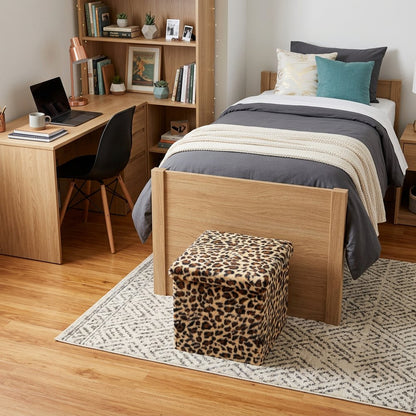 15" Tan and Black Faux Fur Leopard Storage Ottoman
