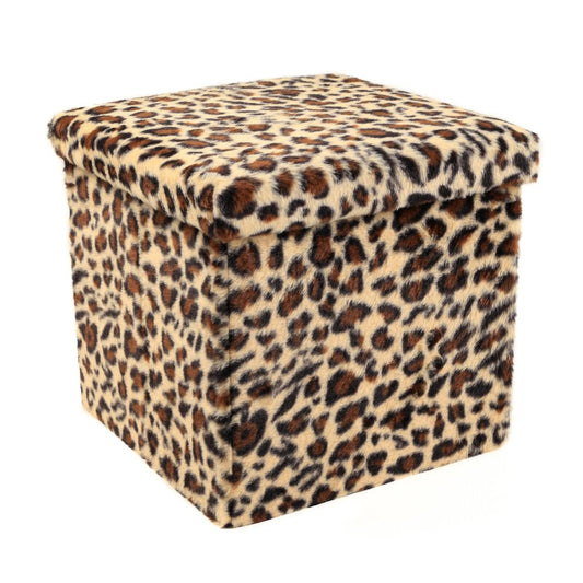 15" Tan and Black Faux Fur Leopard Storage Ottoman