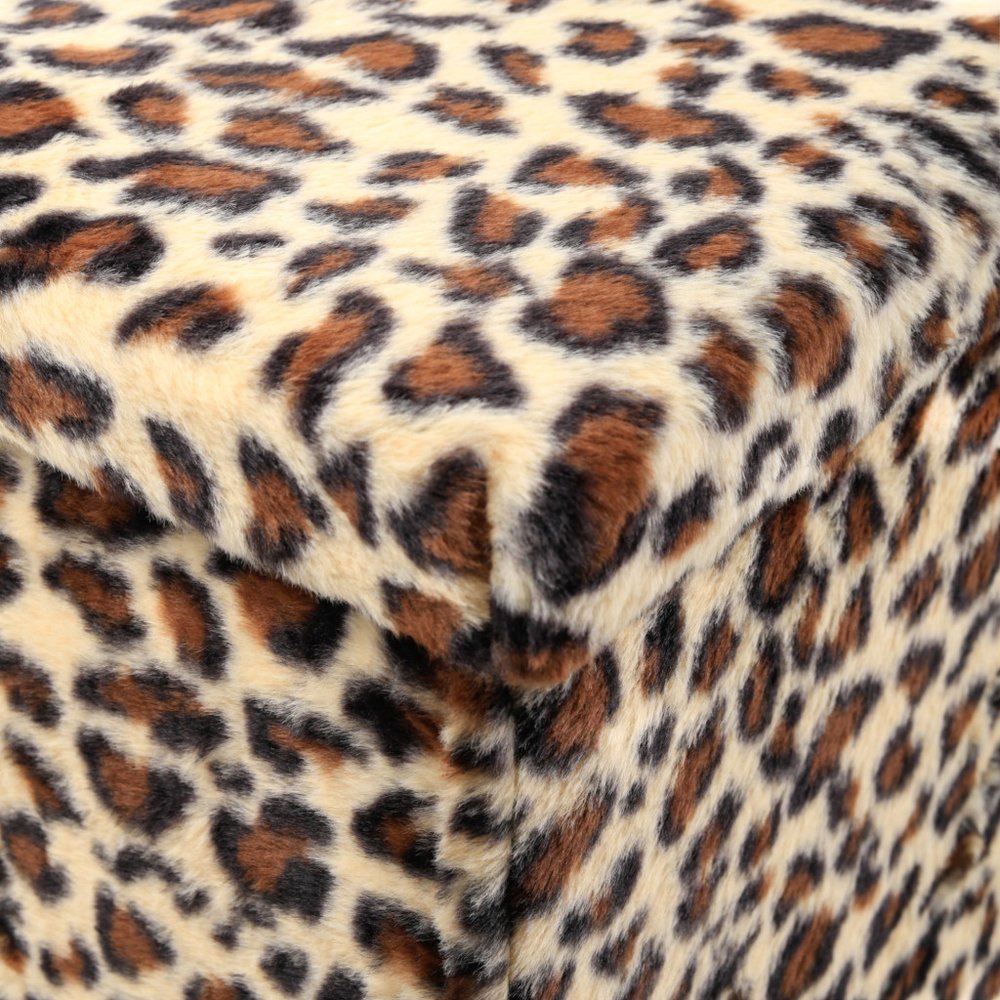 15" Tan and Black Faux Fur Leopard Storage Ottoman