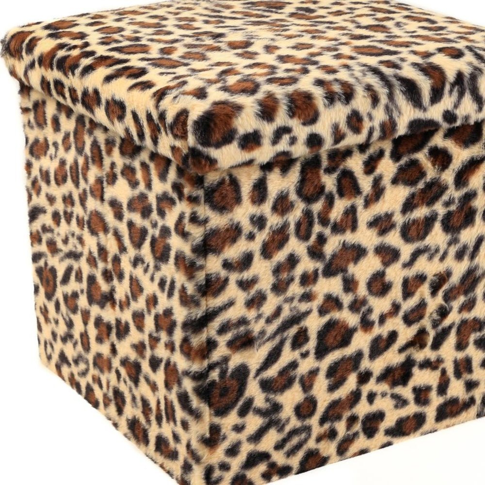 15" Tan and Black Faux Fur Leopard Storage Ottoman