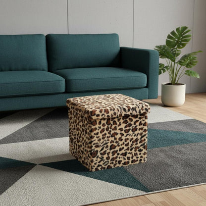 15" Tan and Black Faux Fur Leopard Storage Ottoman