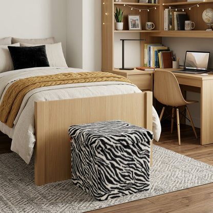 15" Black and White Faux Fur Zebra Storage Ottoman