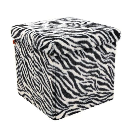15" Black and White Faux Fur Zebra Storage Ottoman
