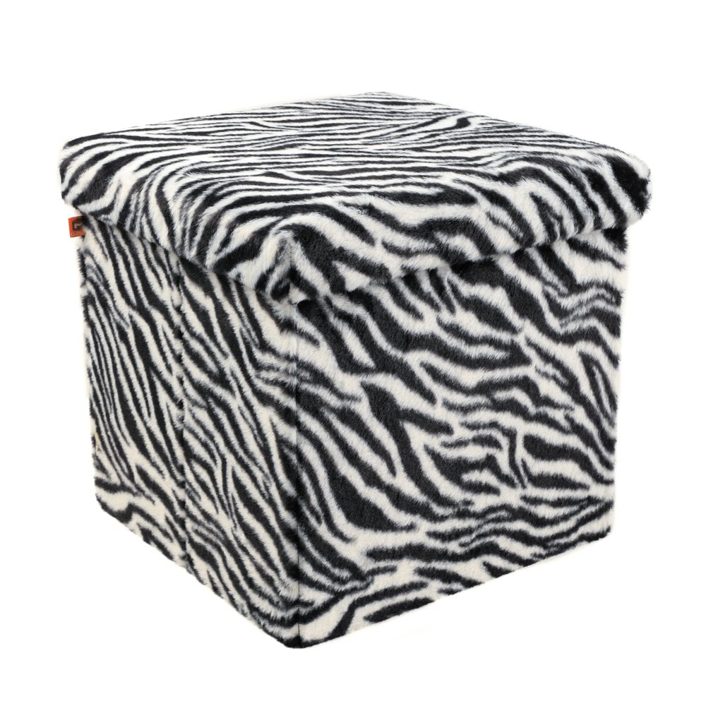 15" Black and White Faux Fur Zebra Storage Ottoman