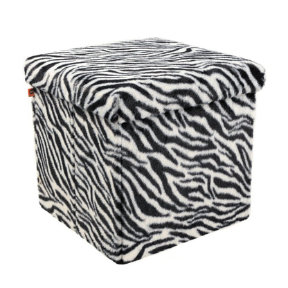 15" Black and White Faux Fur Zebra Storage Ottoman