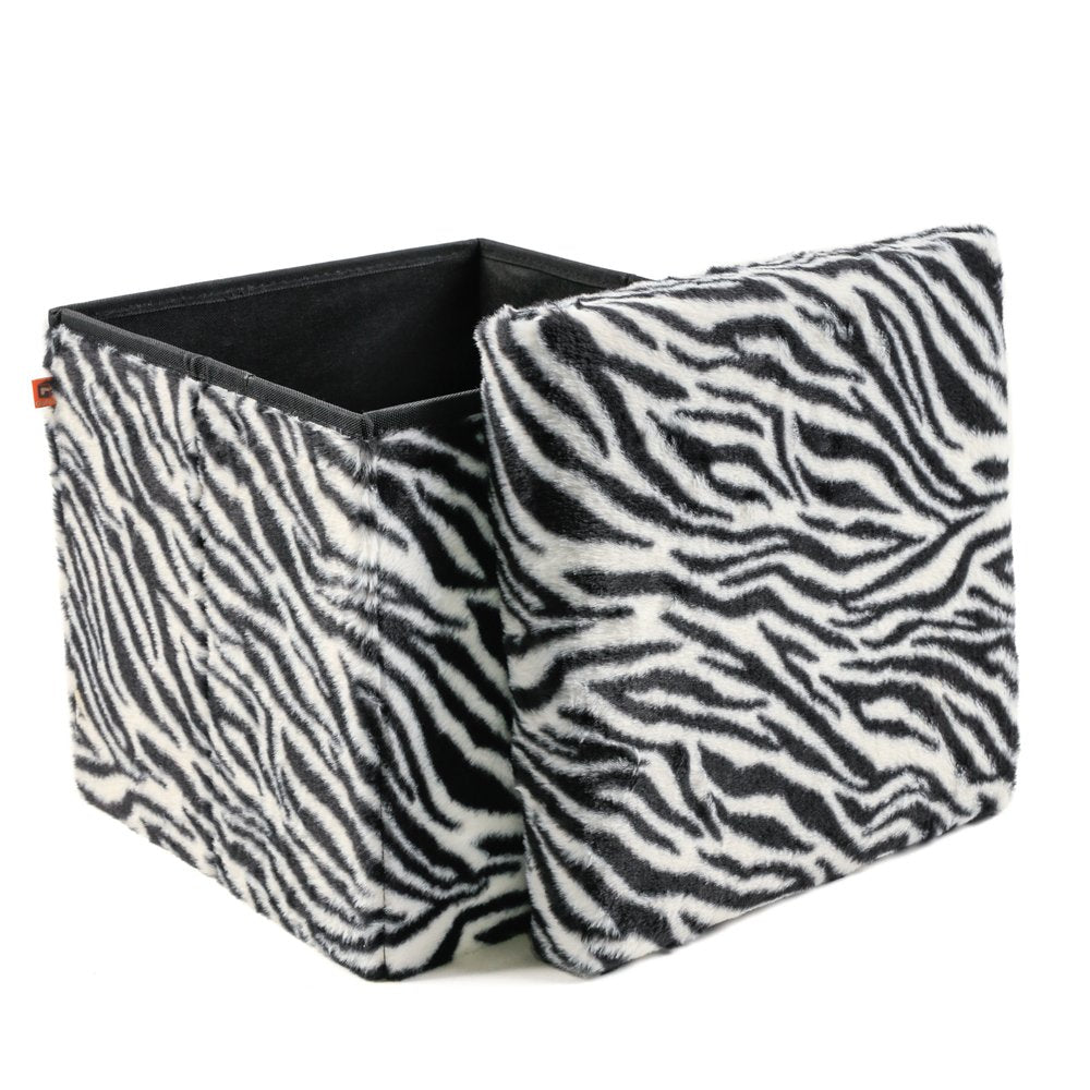 15" Black and White Faux Fur Zebra Storage Ottoman