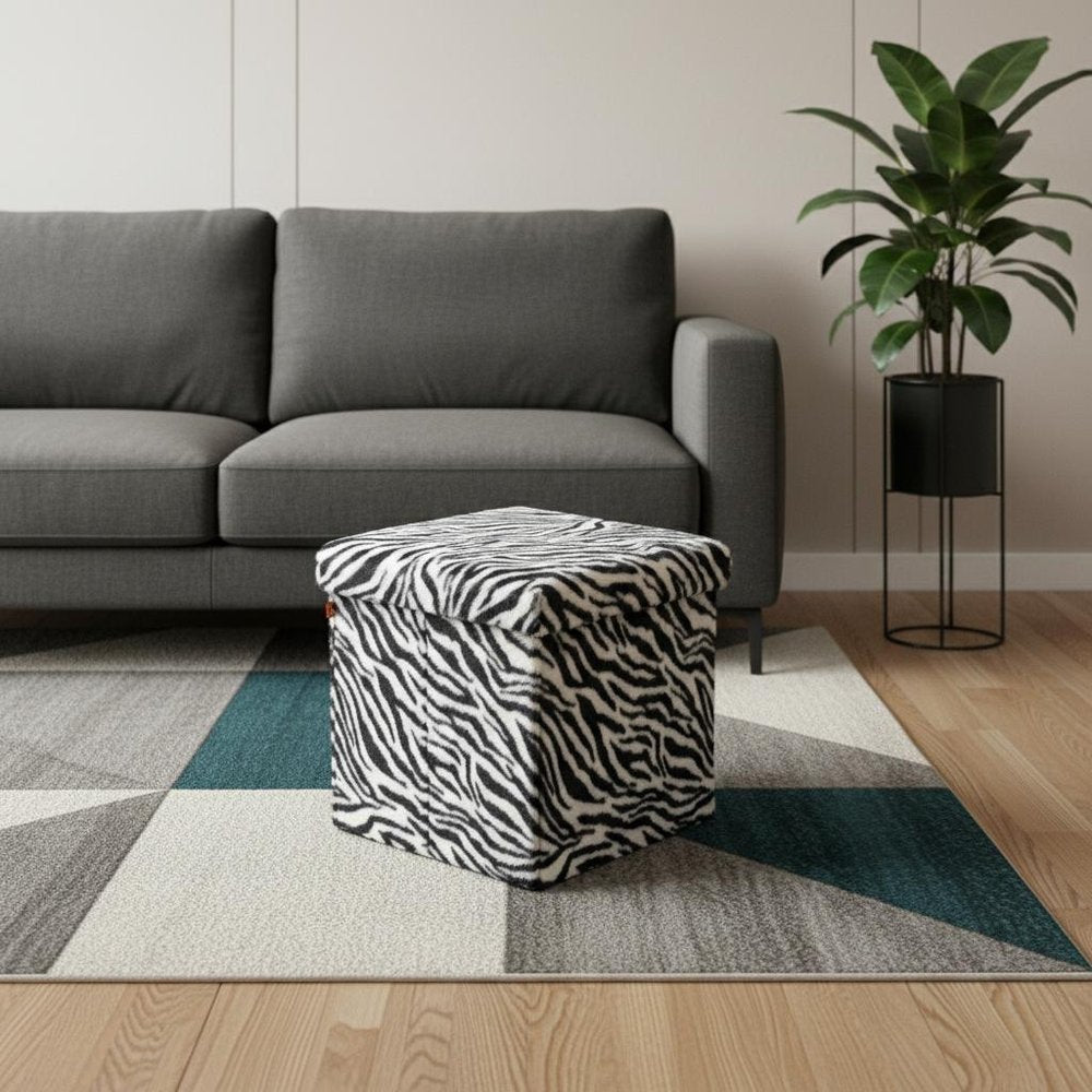 15" Black and White Faux Fur Zebra Storage Ottoman